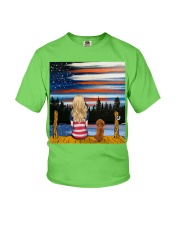 Girl and Dachshund sitting at dock Youth T-Shirt tile