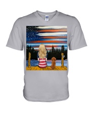 Girl and Dachshund sitting at dock V-Neck T-Shirt tile