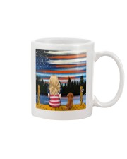 Girl and Dachshund sitting at dock Mug tile