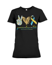 Peace Love Cure Down Syndrome Awareness T-Shirt Premium Fit Ladies Tee thumbnail