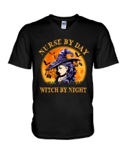Nurse by day witch by night Halloween V-Neck T-Shirt tile