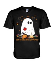 Trick or treat people with kindness V-Neck T-Shirt tile