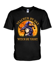 Teacher by day witch by night Halloween V-Neck T-Shirt tile