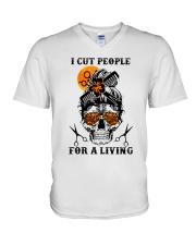 I cut people for a living V-Neck T-Shirt tile