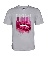 Breast Cancer Lip Fight Like A Girl V-Neck T-Shirt tile