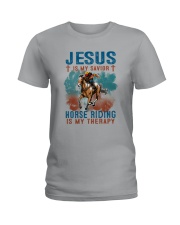 horse riding jesus therapy Ladies T-Shirt tile