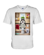 Alaskan Malamute Toilet Reading Newspaper V-Neck T-Shirt thumbnail