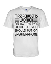 Put on speakerphone not Massachusetts women V-Neck T-Shirt tile