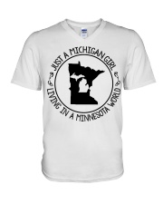 MICHIGAN GIRL LIVING IN MINNESOTA V-Neck T-Shirt tile