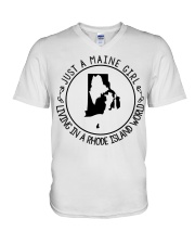 MAINE GIRL LIVING IN RHODE ISLAND V-Neck T-Shirt tile