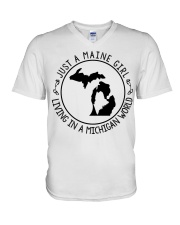 MAINE GIRL LIVING IN MICHIGAN V-Neck T-Shirt tile