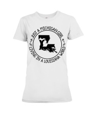 MICHIGAN GIRL LIVING IN LOUISIANA Premium Fit Ladies Tee tile