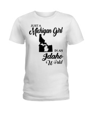 MICHIGAN GIRL IN IDAHO Ladies T-Shirt tile