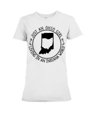 OHIO GIRL LIVING IN INDIANA Premium Fit Ladies Tee tile