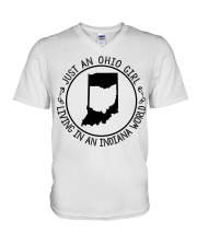 OHIO GIRL LIVING IN INDIANA V-Neck T-Shirt tile