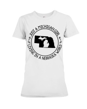 MICHIGAN GIRL LIVING IN NEBRASKA Premium Fit Ladies Tee tile