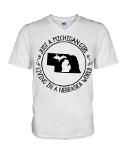 MICHIGAN GIRL LIVING IN NEBRASKA V-Neck T-Shirt tile