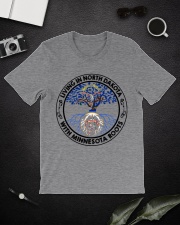 LIVING IN NORTH DAKOTA WITH MINNESOTA ROOTS Classic T-Shirt lifestyle-mens-crewneck-front-16