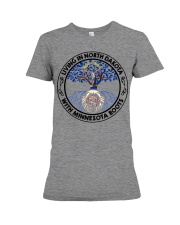LIVING IN NORTH DAKOTA WITH MINNESOTA ROOTS Premium Fit Ladies Tee tile