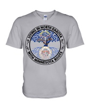 LIVING IN NORTH DAKOTA WITH MINNESOTA ROOTS V-Neck T-Shirt tile