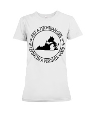 MICHIGAN GIRL LIVING IN VIRGINIA Premium Fit Ladies Tee tile