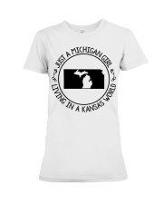 MICHIGAN GIRL LIVING IN KANSAS Premium Fit Ladies Tee tile