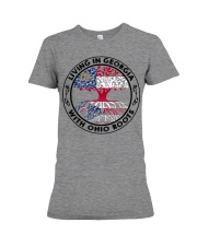 LIVING IN GEORGIA WITH OHIO ROOTS Premium Fit Ladies Tee tile