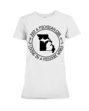 MICHIGAN GIRL LIVING IN MISSOURI Premium Fit Ladies Tee tile