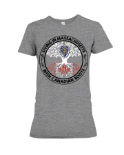 LIVING IN MASSACHUSETTS CANADIAN ROOTS Premium Fit Ladies Tee tile