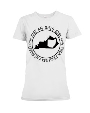 OHIO GIRL LIVING IN KENTUCKY Premium Fit Ladies Tee tile