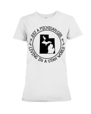 MICHIGAN GIRL LIVING IN UTAH Premium Fit Ladies Tee tile