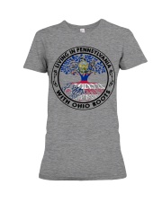 LIVING IN PENNSYLVANIA WITH OHIO ROOTS Premium Fit Ladies Tee tile