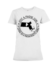 MAINE GIRL LIVING IN MASSACHUSETTS Premium Fit Ladies Tee tile