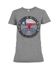 LIVING IN TEXAS WITH MICHIGAN ROOTS Premium Fit Ladies Tee tile
