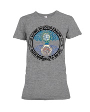 LIVING IN SOUTH DAKOTA WITH MINNESOTA ROOTS Premium Fit Ladies Tee tile