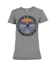 LIVING IN ARIZONA WITH MICHIGAN ROOTS Premium Fit Ladies Tee tile