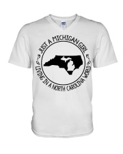 MICHIGAN GIRL LIVING IN NORTH CAROLINA V-Neck T-Shirt tile