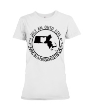 OHIO GIRL LIVING IN MASSACHUSETTS Premium Fit Ladies Tee tile