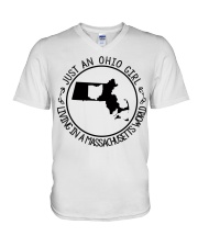 OHIO GIRL LIVING IN MASSACHUSETTS V-Neck T-Shirt tile