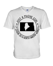 MAINE GIRL LIVING IN NORTH DAKOTA V-Neck T-Shirt tile