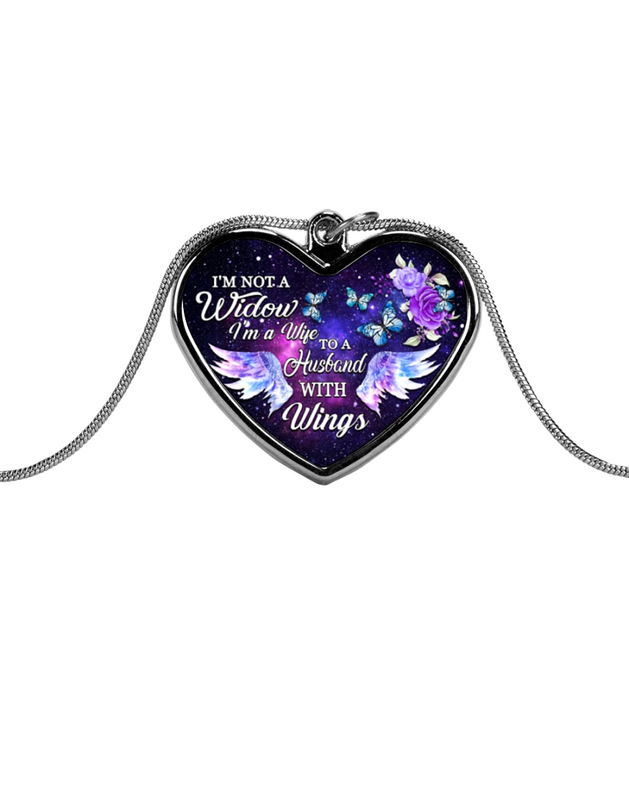 I'm Not A Widow I'm Wife To A Husband With Wings Metallic Heart Necklace