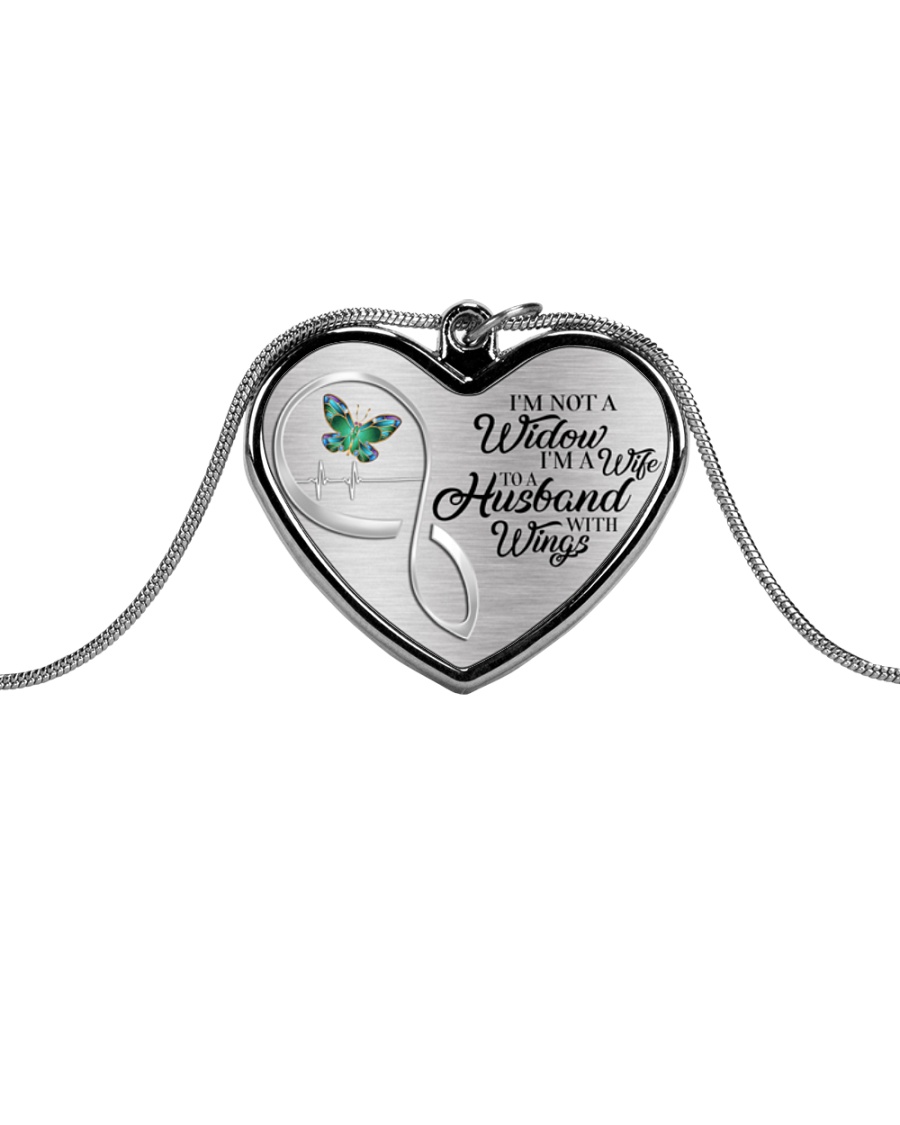 I'm Not A Widow I'm Wife To A Husband With Wings Metallic Heart Necklace
