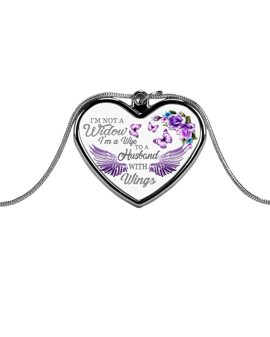I'm Not A Widow I'm Wife To A Husband With Wings Metallic Heart Necklace