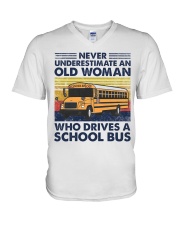 Never underestimate an old woman who drives a scho V-Neck T-Shirt tile