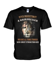 Never underestimate a Hairdresser V-Neck T-Shirt tile