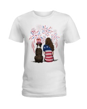 Brindle Boxer Long Brown Hair Woman 4th July Ladies T-Shirt thumbnail