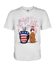 Tan White Boxer Silver Hair Man 4th July V-Neck T-Shirt thumbnail