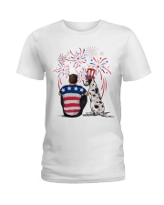 Harlequin Great Dane Brown Hair Man 4th July Ladies T-Shirt thumbnail