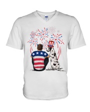 Harlequin Great Dane Brown Hair Man 4th July V-Neck T-Shirt thumbnail