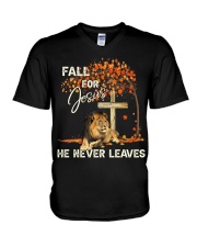 Fall For Jesus He Never Leaves V-Neck T-Shirt tile